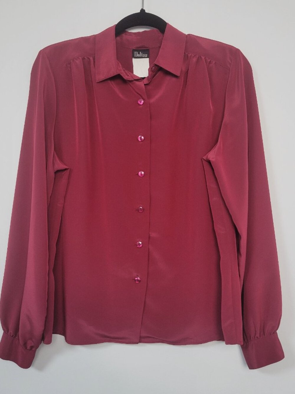Vintage 70s Dalton Burgundy Magenta Button Front Blouse Retro Secretary